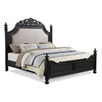 Berry King Size Bed, Scrolled Headboard, Cream Upholstery, Black Wood