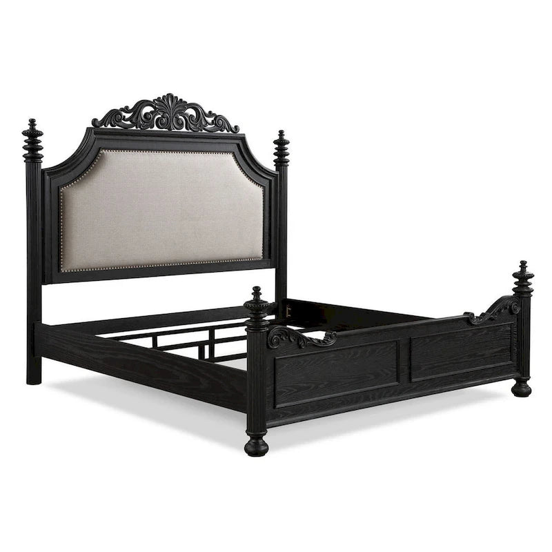 Berry King Size Bed, Scrolled Headboard, Cream Upholstery, Black Wood