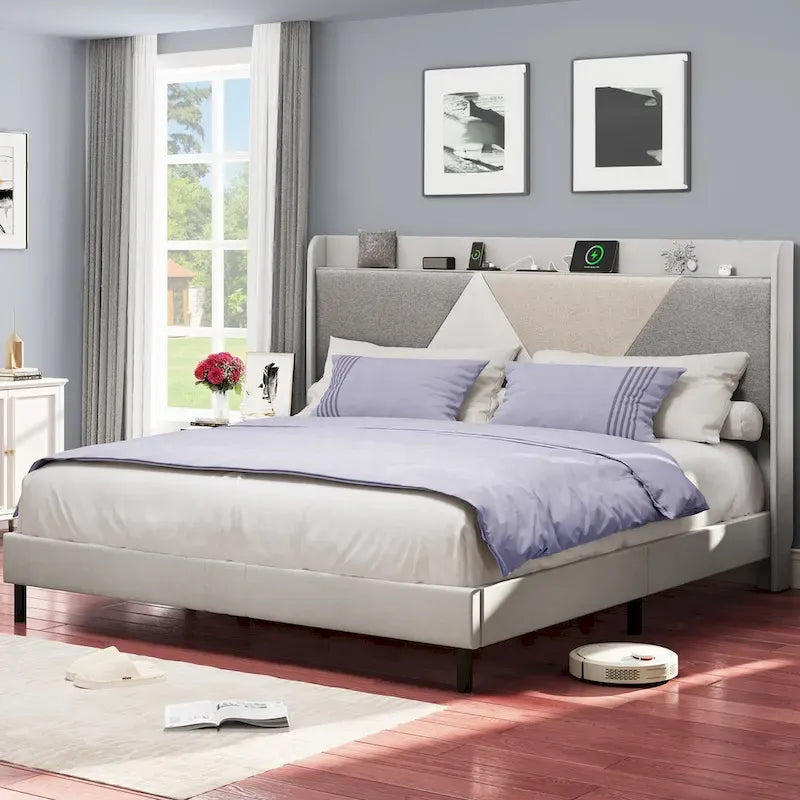 Moasis Queen Linen Bed Frame with Splice Geometry Headboard