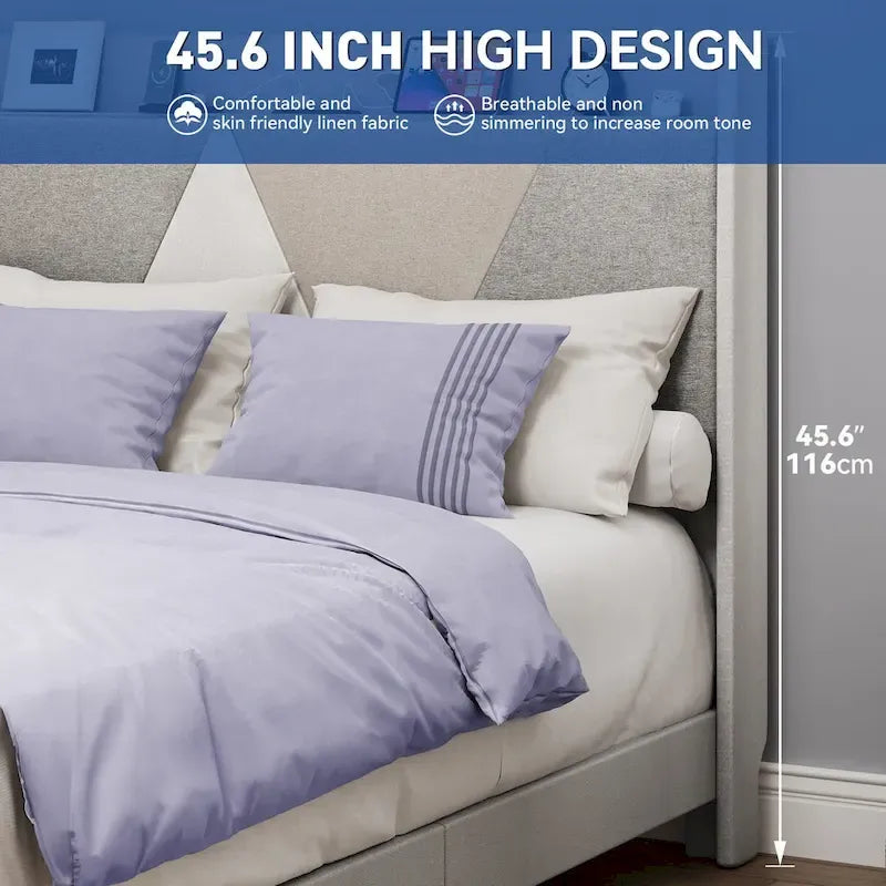 Moasis Queen Linen Bed Frame with Splice Geometry Headboard