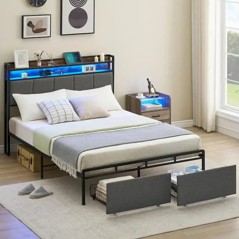 Bed Frame with 2-Tier Storage Headboard
