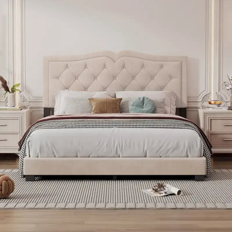 Queen Size Velvet Upholstered Platform Bed with Tufted Headboard