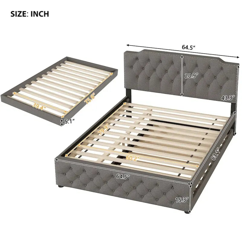 Queen Platform Bed with Twin Size Trundle and 2 USB Ports on each side