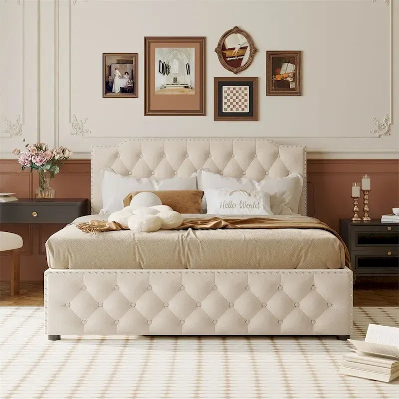 Queen Platform Bed with Twin Size Trundle and 2 USB Ports on each side