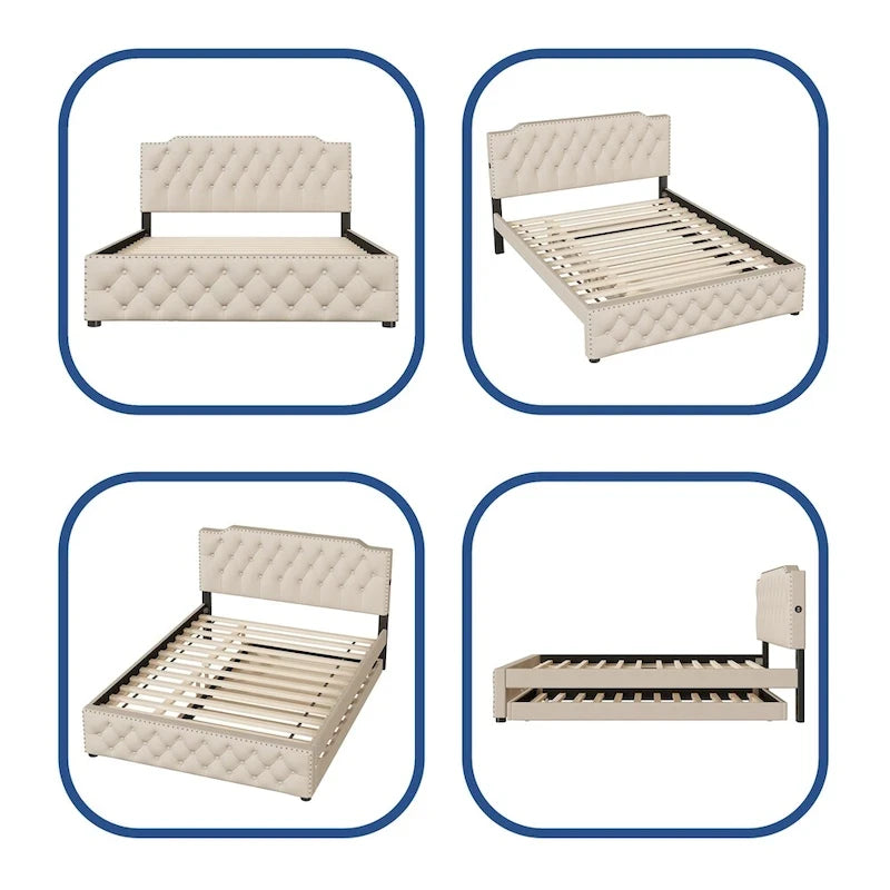 Queen Platform Bed with Twin Size Trundle and 2 USB Ports on each side