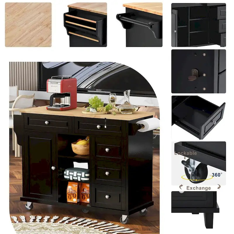Kitchen Cart with Storage and 5 Drawers,Spice Rack,Towel Holder ,Rubber Wood Desktop Rolling Mobile Kitchen Island