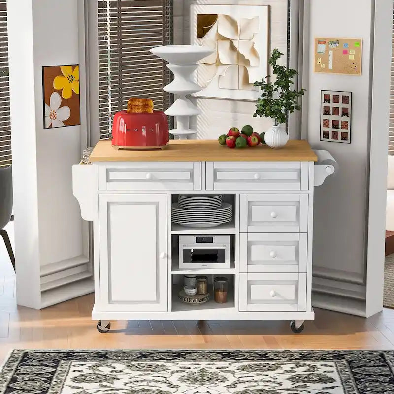 Kitchen Cart with Storage and 5 Drawers,Spice Rack,Towel Holder ,Rubber Wood Desktop Rolling Mobile Kitchen Island