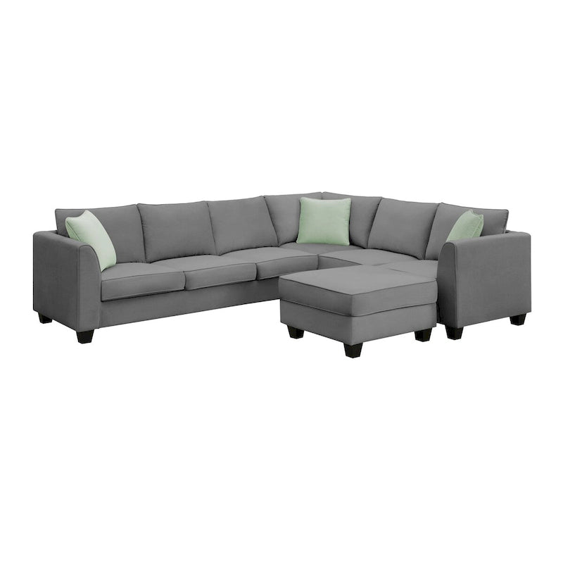 112-inch L-shaped 7-seat Modular Sectional Sofa with Ottoman and Three Pillows - 112W x 87D x 33H