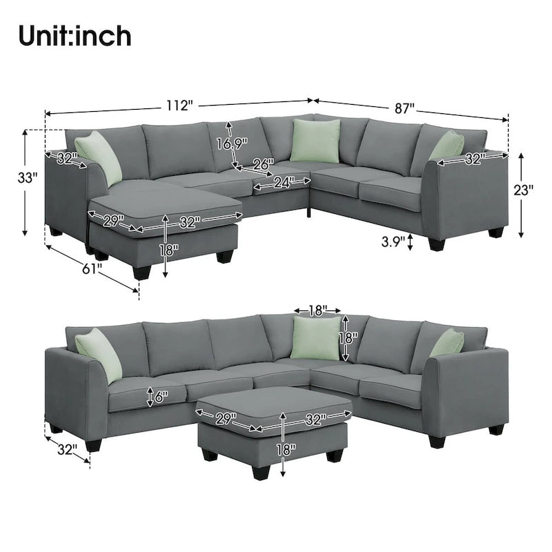 112-inch L-shaped 7-seat Modular Sectional Sofa with Ottoman and Three Pillows - 112W x 87D x 33H