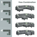 112-inch L-shaped 7-seat Modular Sectional Sofa with Ottoman and Three Pillows - 112W x 87D x 33H