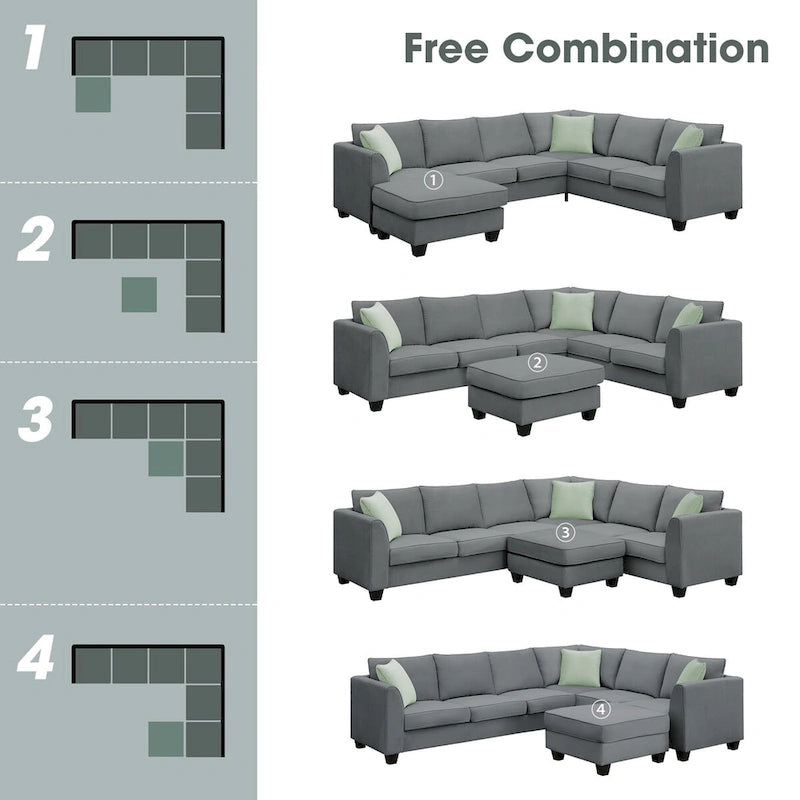 112-inch L-shaped 7-seat Modular Sectional Sofa with Ottoman and Three Pillows - 112W x 87D x 33H