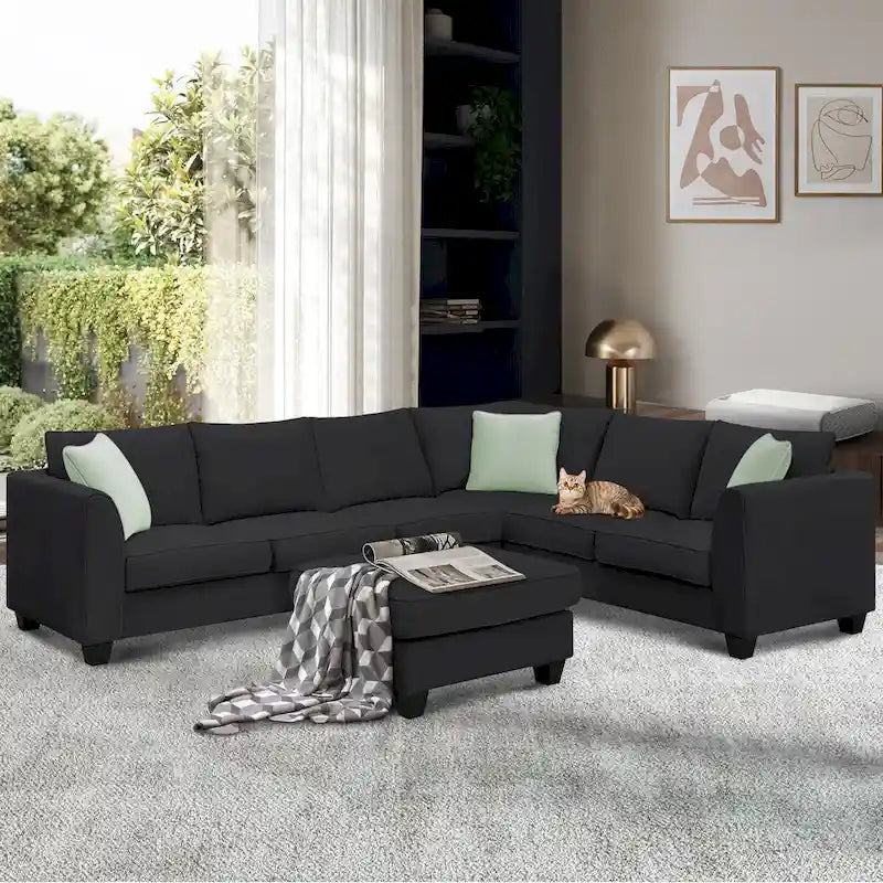 112-inch L-shaped 7-seat Modular Sectional Sofa with Ottoman and Three Pillows - 112W x 87D x 33H