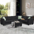 112-inch L-shaped 7-seat Modular Sectional Sofa with Ottoman and Three Pillows - 112W x 87D x 33H