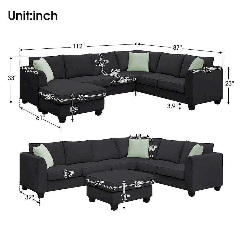 112-inch L-shaped 7-seat Modular Sectional Sofa with Ottoman and Three Pillows - 112W x 87D x 33H