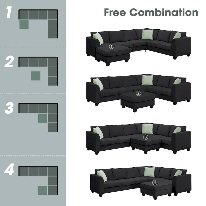 112-inch L-shaped 7-seat Modular Sectional Sofa with Ottoman and Three Pillows - 112W x 87D x 33H