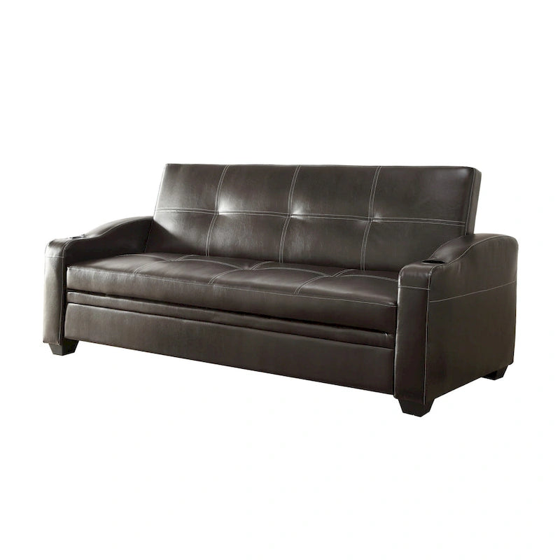 Ferry 83 Inch Lounger Sofa Bed, Tufted Brown Faux Leather, Solid Wood