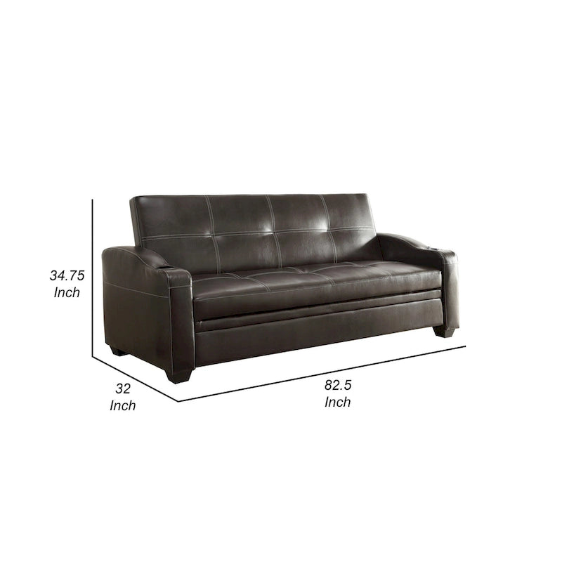 Ferry 83 Inch Lounger Sofa Bed, Tufted Brown Faux Leather, Solid Wood