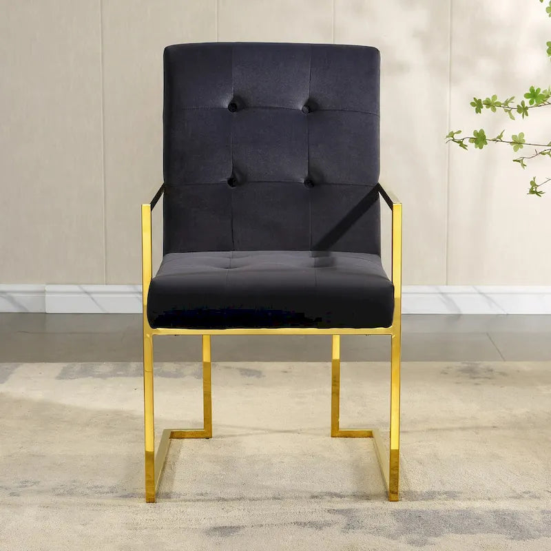 Modern Velvet Dining Arm Chair Set of 1, Tufted Design and Gold Finish Stainless Base