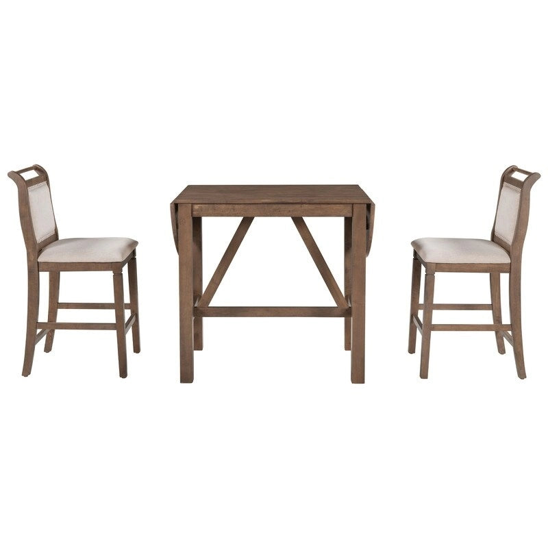 3-Piece Wood Counter Height Drop Leaf Dining Table Set with 2 Upholstered Dining Chairs for Small Place