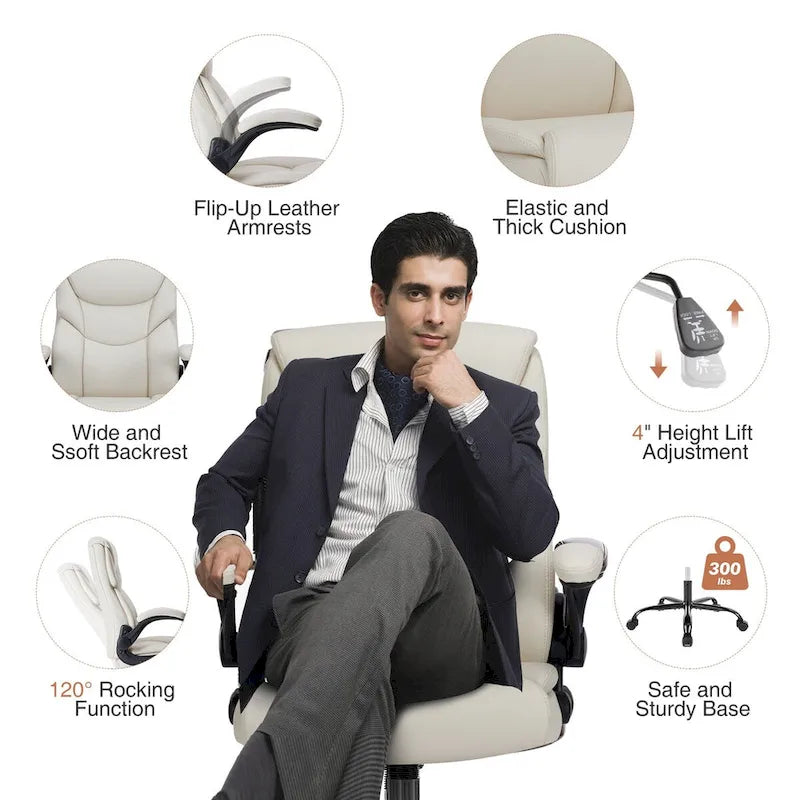 Executive Office PU Leather Desk Chair High Back Flip-Up Armrest Adjustable Ergonomic Home Office Chair