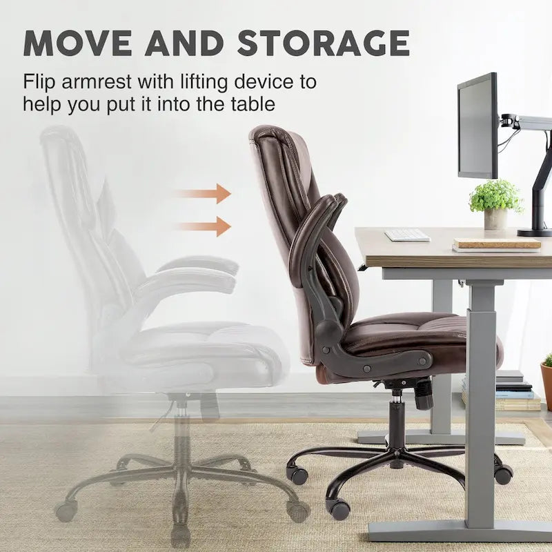 Executive Office PU Leather Desk Chair High Back Flip-Up Armrest Adjustable Ergonomic Home Office Chair
