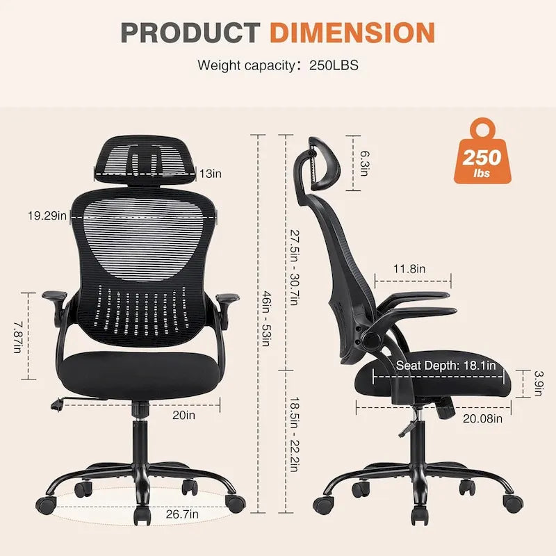 Office Computer Desk Chair, Ergonomic High-Back Mesh Rolling Work Chairs with Wheels Adjustable Headrests, Comfy Flip-up Arms