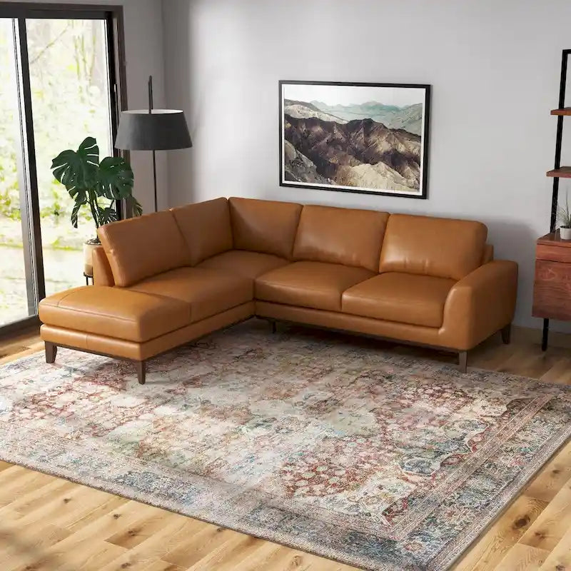 Miamo Mid Century Living Room Top Leather Corner Sectional Sofa in Tan
