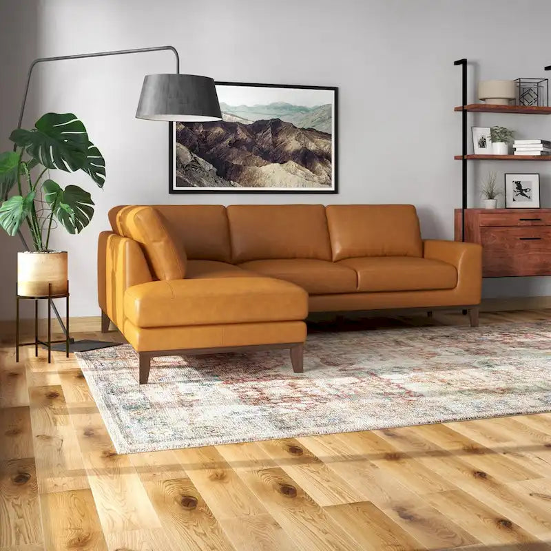 Miamo Mid Century Living Room Top Leather Corner Sectional Sofa in Tan