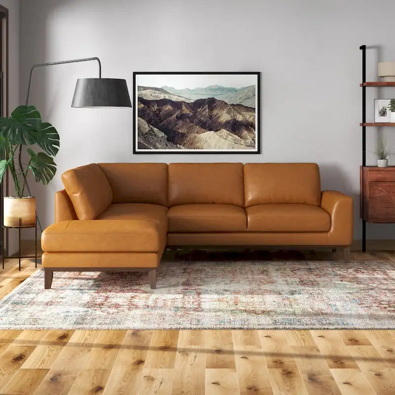 Miamo Mid Century Living Room Top Leather Corner Sectional Sofa in Tan