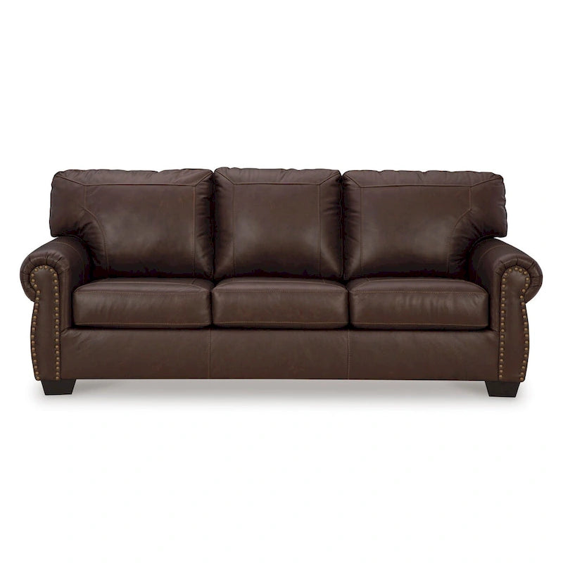 92 Inch Sofa, Nailhead Trim, Cushion Seating, Brown Leather Upholstery