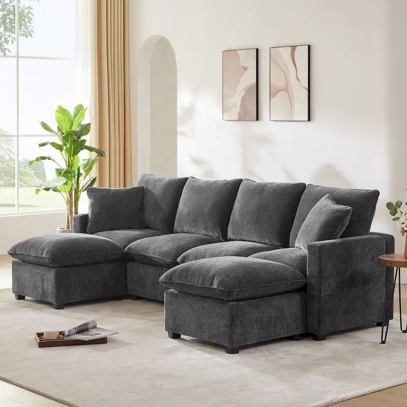 Modern 6-Seat Free Combination U-Shaped Modular Sofa, Sectional Couch Set with 2 Pillows