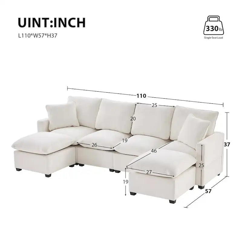 Modern 6-Seat Free Combination U-Shaped Modular Sofa, Sectional Couch Set with 2 Pillows