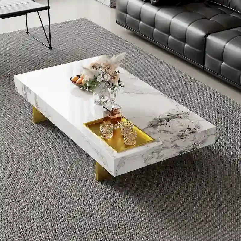 Modern 42 Faux Marble Square Coffee TableGlossy Sintered Stone Tabletop