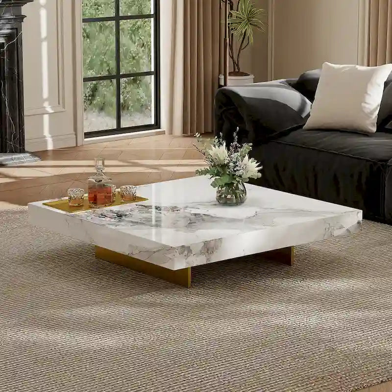 Modern 42 Faux Marble Square Coffee TableGlossy Sintered Stone Tabletop