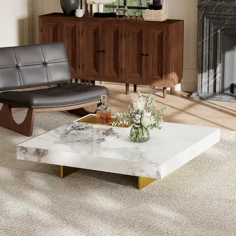 Modern 42 Faux Marble Square Coffee TableGlossy Sintered Stone Tabletop