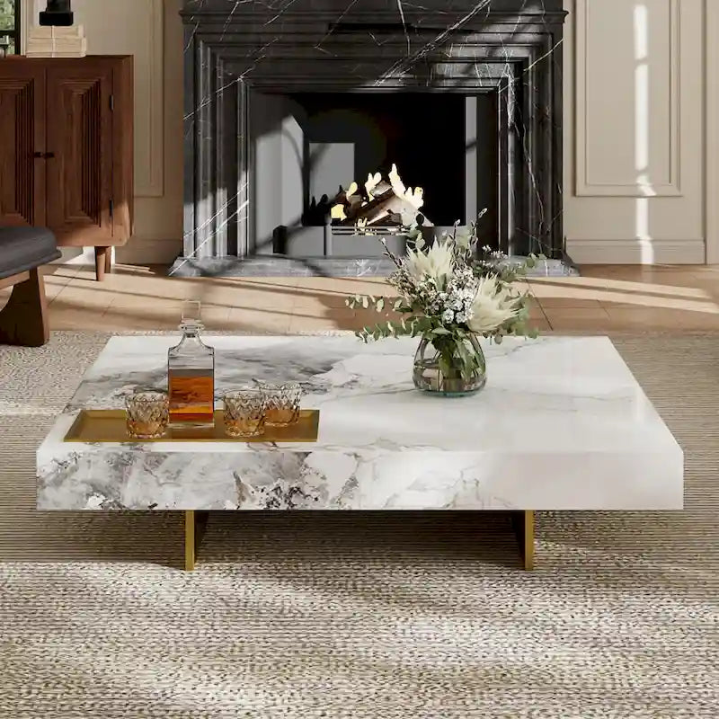 Modern 42 Faux Marble Square Coffee TableGlossy Sintered Stone Tabletop