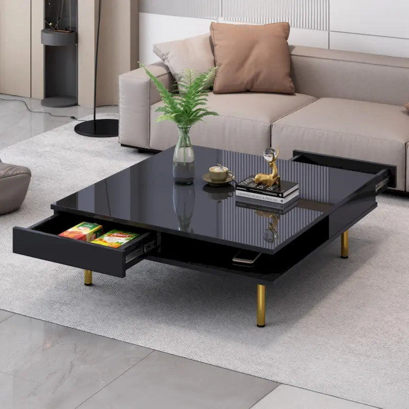 Exquisite High Gloss Coffee Table with 4 Golden Legs and 2 Small Drawers, 2-Tier Square Center Table for Living Room