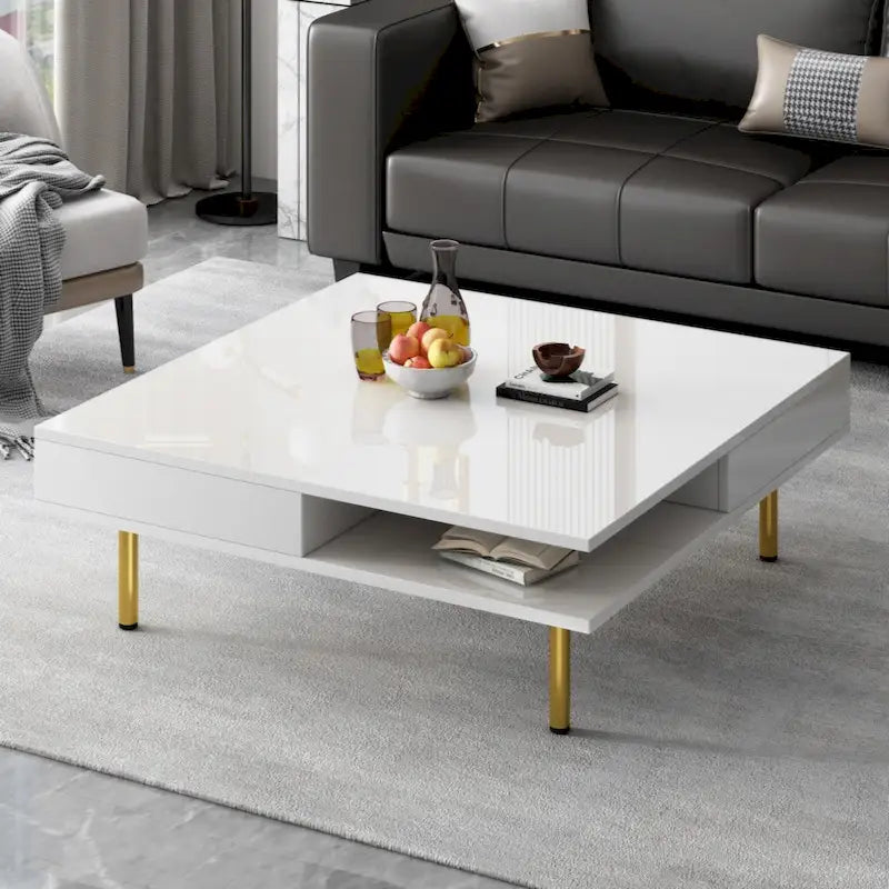 Exquisite High Gloss Coffee Table with 4 Golden Legs and 2 Small Drawers, 2-Tier Square Center Table for Living Room