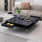 Exquisite High Gloss Coffee Table with 4 Golden Legs and 2 Small Drawers, 2-Tier Square Center Table for Living Room