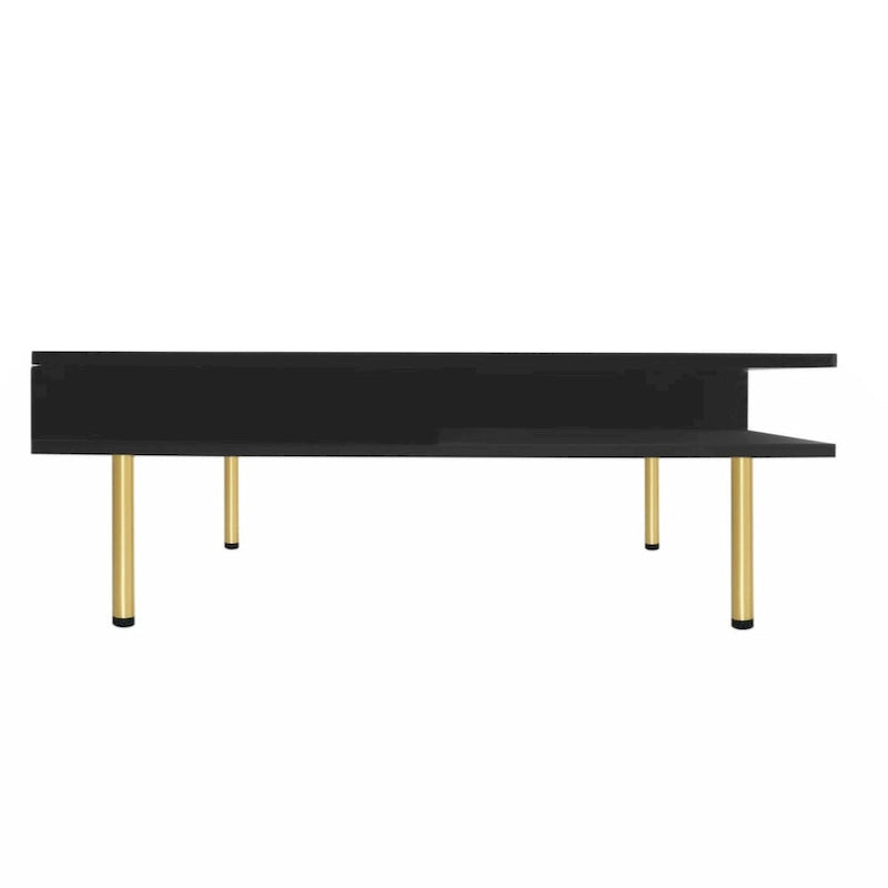 Exquisite High Gloss Coffee Table with 4 Golden Legs and 2 Small Drawers, 2-Tier Square Center Table for Living Room