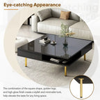 Exquisite High Gloss Coffee Table with 4 Golden Legs and 2 Small Drawers, 2-Tier Square Center Table for Living Room