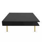 Exquisite High Gloss Coffee Table with 4 Golden Legs and 2 Small Drawers, 2-Tier Square Center Table for Living Room
