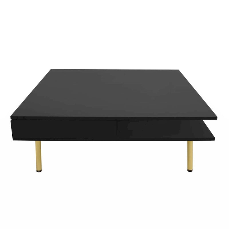 Exquisite High Gloss Coffee Table with 4 Golden Legs and 2 Small Drawers, 2-Tier Square Center Table for Living Room