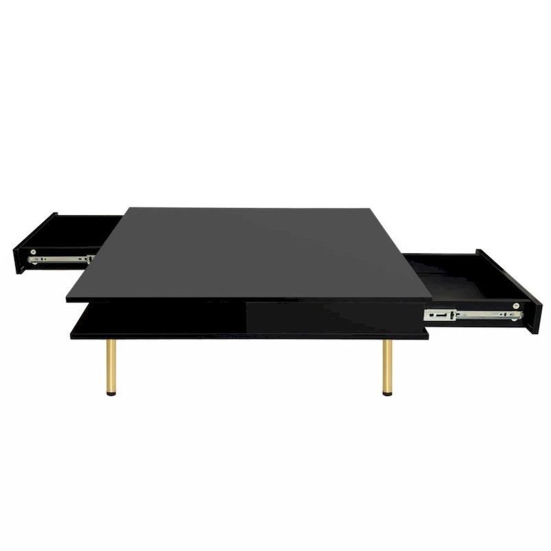 Exquisite High Gloss Coffee Table with 4 Golden Legs and 2 Small Drawers, 2-Tier Square Center Table for Living Room
