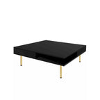 Exquisite High Gloss Coffee Table with 4 Golden Legs and 2 Small Drawers, 2-Tier Square Center Table for Living Room
