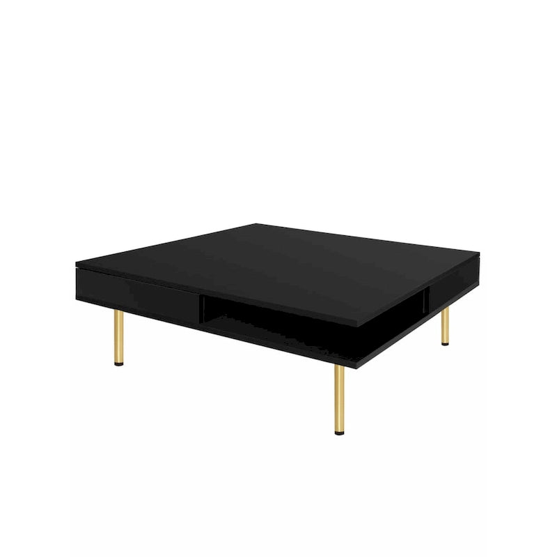 Exquisite High Gloss Coffee Table with 4 Golden Legs and 2 Small Drawers, 2-Tier Square Center Table for Living Room