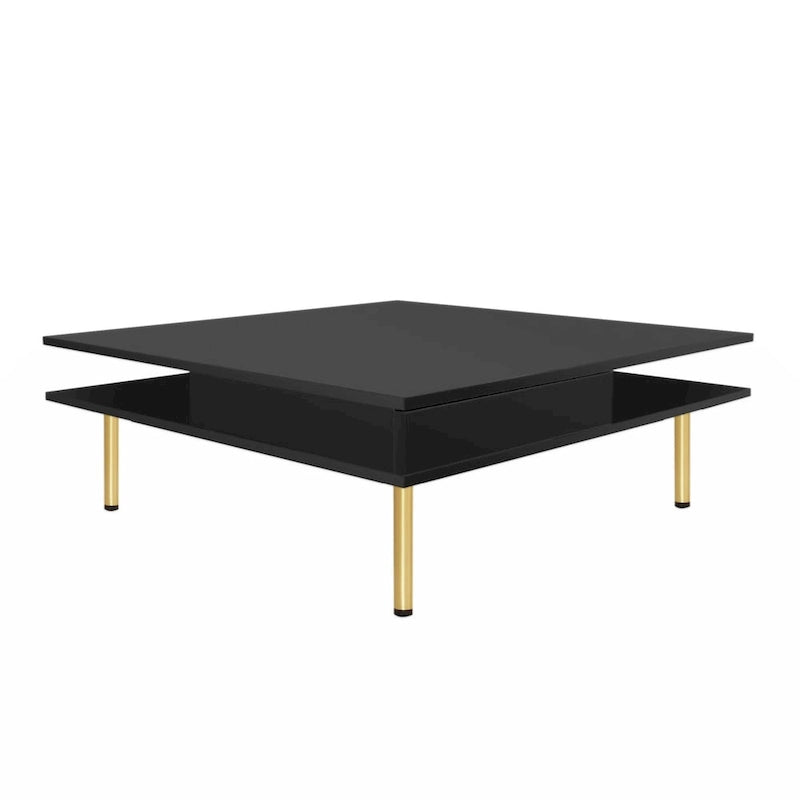 Exquisite High Gloss Coffee Table with 4 Golden Legs and 2 Small Drawers, 2-Tier Square Center Table for Living Room