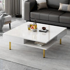 Exquisite High Gloss Coffee Table with 4 Golden Legs and 2 Small Drawers, 2-Tier Square Center Table for Living Room
