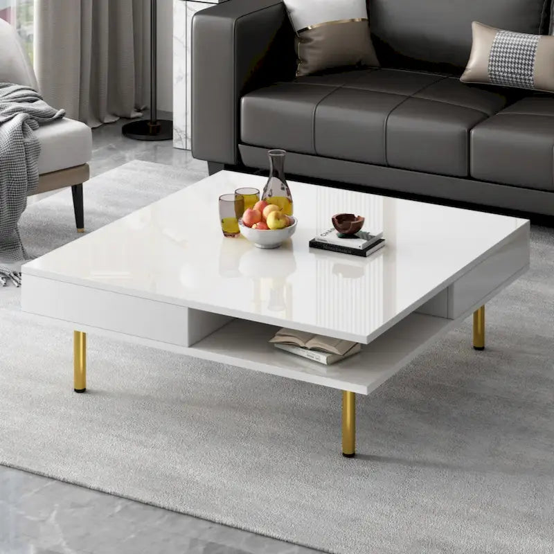 Exquisite High Gloss Coffee Table with 4 Golden Legs and 2 Small Drawers, 2-Tier Square Center Table for Living Room