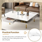 Exquisite High Gloss Coffee Table with 4 Golden Legs and 2 Small Drawers, 2-Tier Square Center Table for Living Room